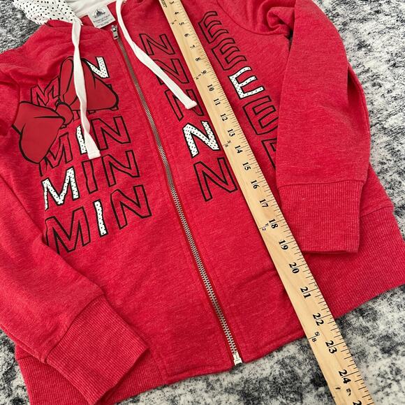 Disney Minnie Mouse Hoodie Red Polka Dot Bow Zip Sweater Womens Size M layered - Picture 2 of 7
